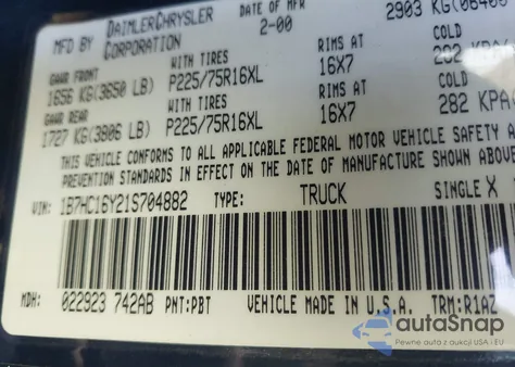 2001 Dodge Ram 1500 St z USA, uszkodzony, nr VIN 1B7HC16Y21S704882